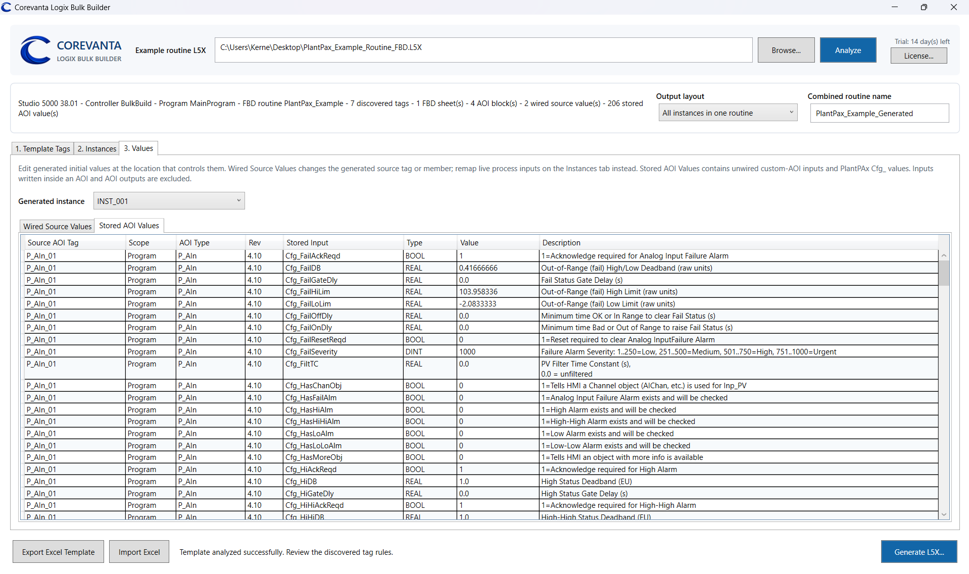 Corevanta Logix Bulk Builder showing editable PlantPAx AOI values